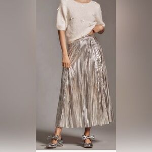 Like-New Anthropologie Metallic Silver Pleated Maxi Skirt - Petite M